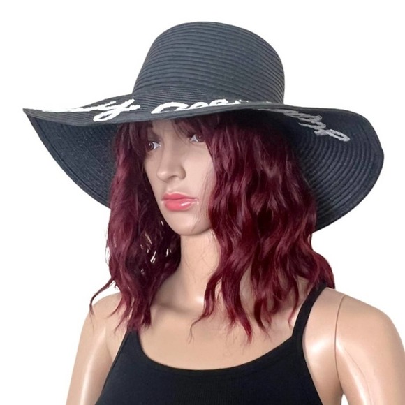 Vacay All Day Straw Floppy Hat Adult One Size Black White Pool Beach Cruise - Picture 3 of 4